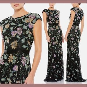 NEW‎ $598 Mac Duggal [ 14 ] Floral Beaded Cap Sleeve Evening Gown in Black